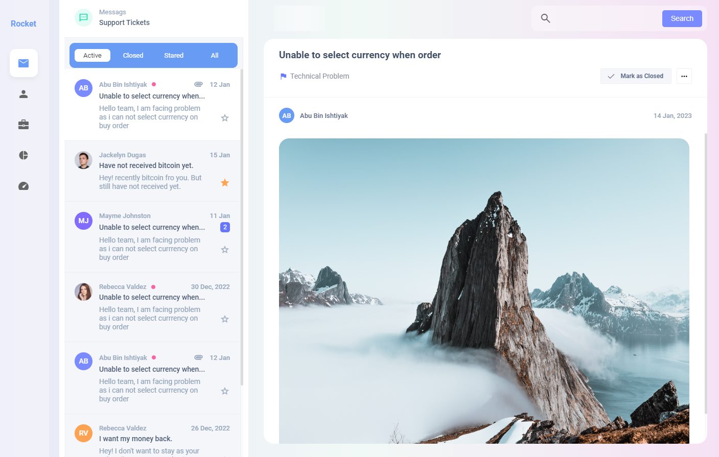 Product dashboard interface with sidebar, messages and content preview
