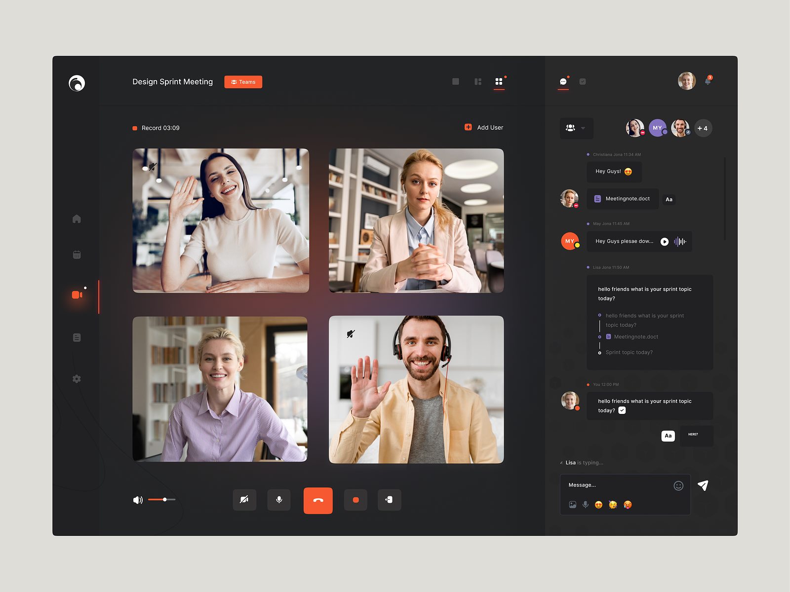 Video collaboration dashboard with meeting tiles and chat panel